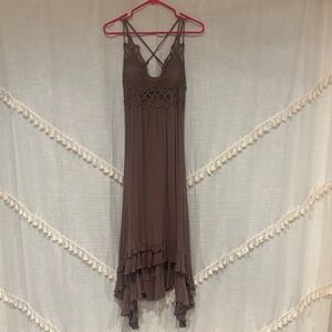 LA MIEL Brown High Low Dress with Lace Detail